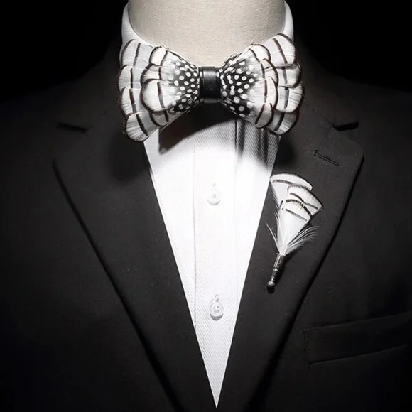 Handmade Black and White Feather Bow Tie Boutonnière Lapel Pin Set - Picture 1 of 16